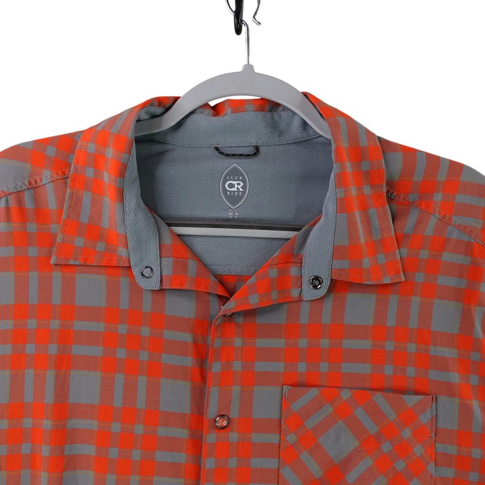 Club Ride Cycling Jersey Mens Large Orange Gray Plaid Pearl Snap Short Sleeve